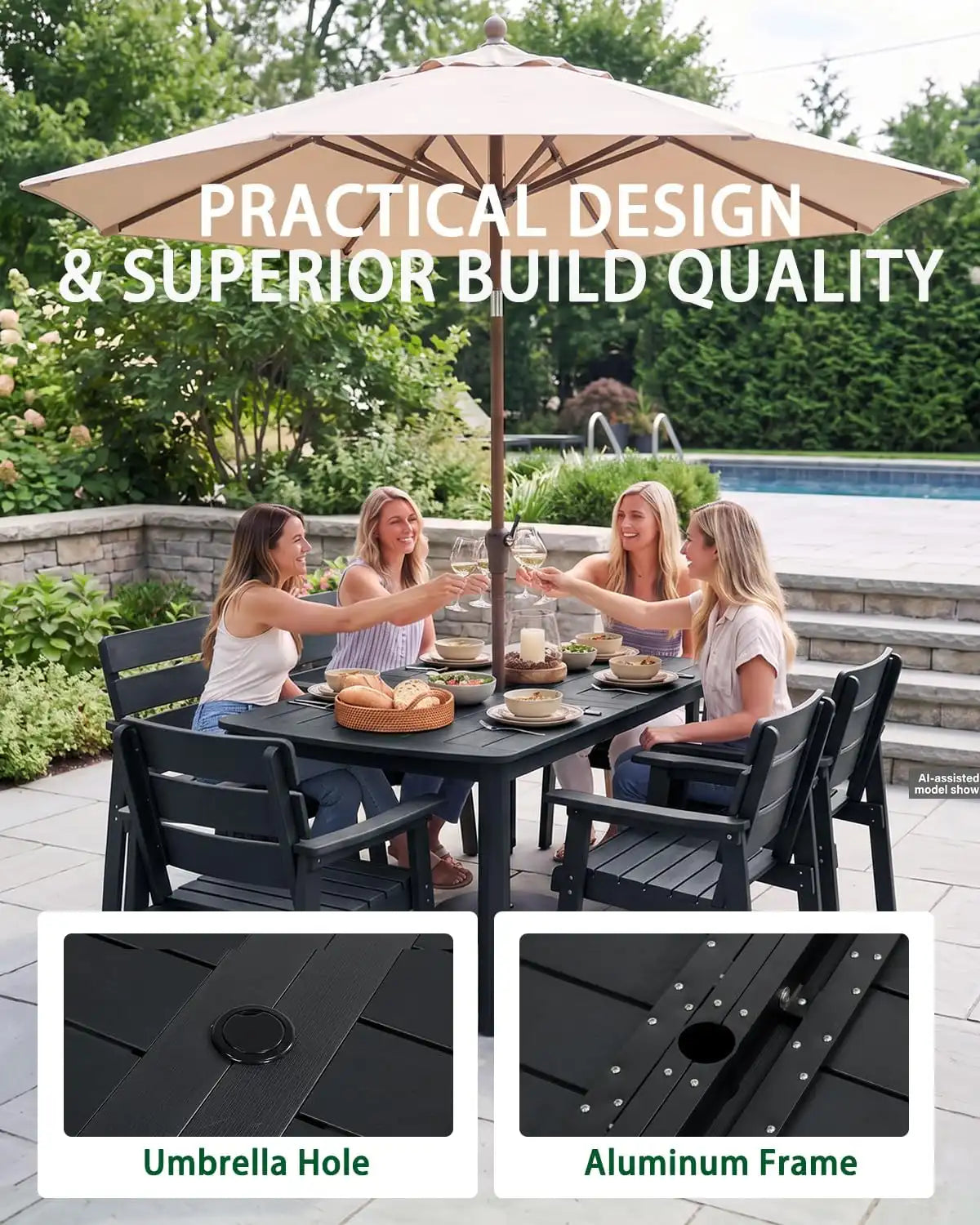 5pcs Patio Dining Set with Umbrella Hole Table & 4 Chairs, Black