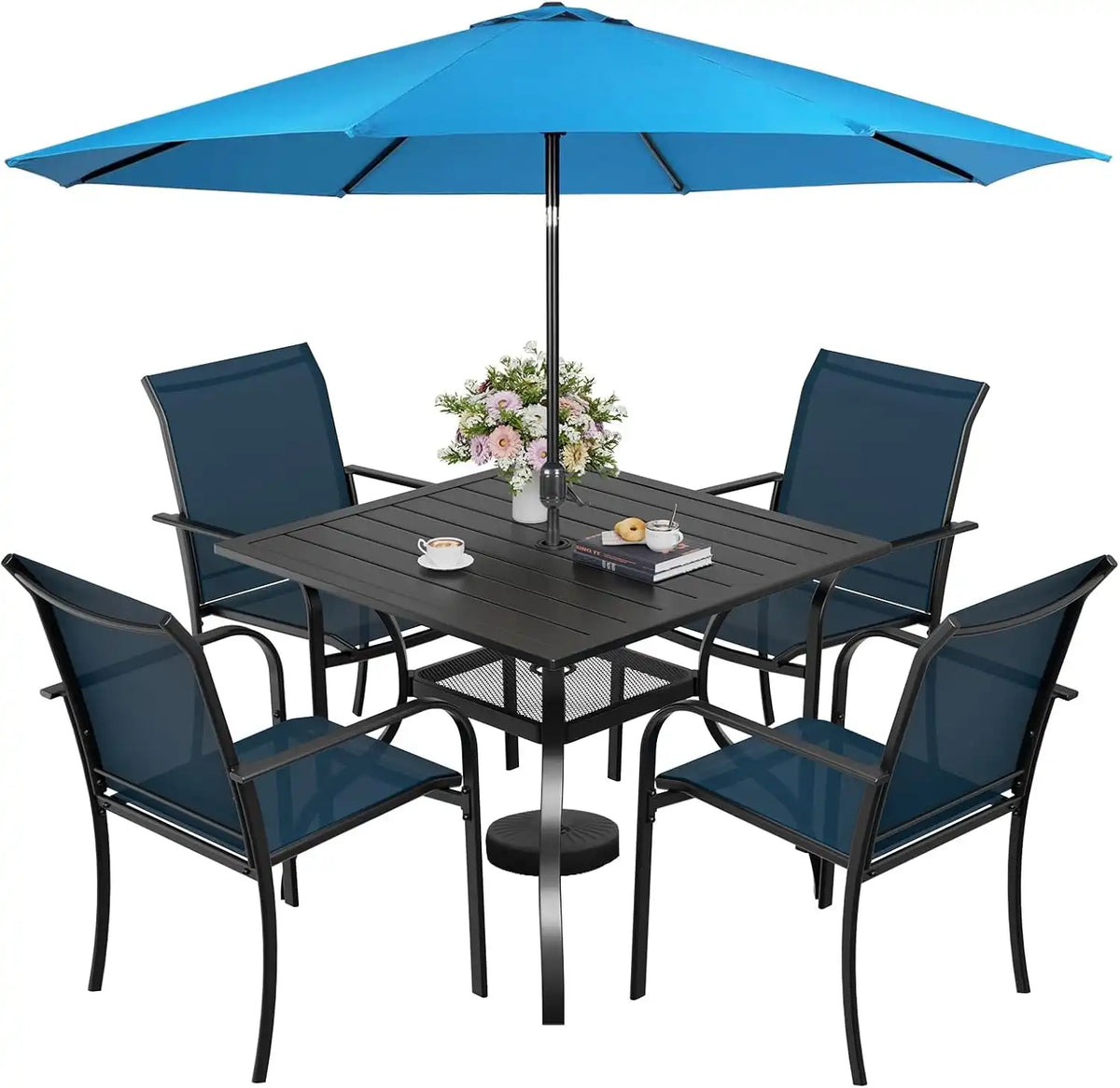 SUNCROWN 6 - Piece Outdoor Dining Set, Patio Furniture Set with 4 Textilene Dinning Chairs, 1 Steel Slat Metal Bistro Table and 1 Sky Blue 9Ft Patio Umbrella for Lawn Garden Backyard Deck, Blue