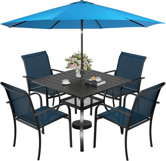 SUNCROWN 6 - Piece Outdoor Dining Set, Patio Furniture Set with 4 Textilene Dinning Chairs, 1 Steel Slat Metal Bistro Table and 1 Sky Blue 9Ft Patio Umbrella for Lawn Garden Backyard Deck, Blue