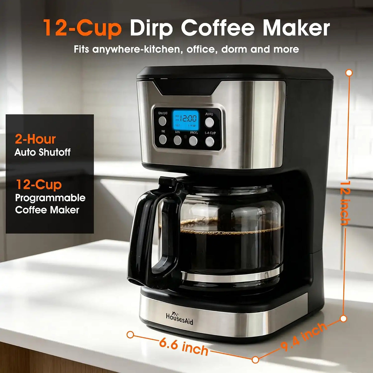 12 Cup Programmable Drip Coffee Maker, Fully Automatic Brewer