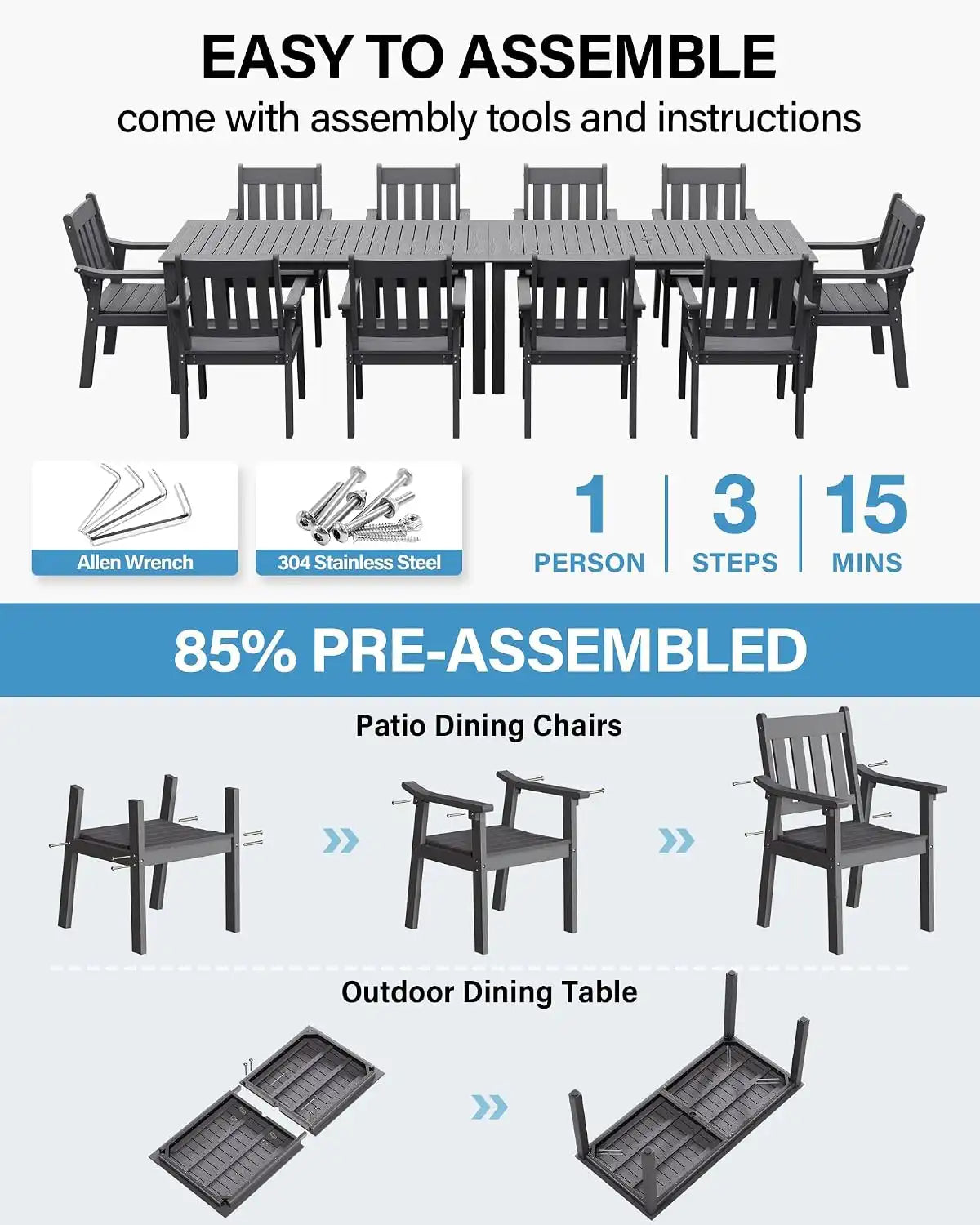YEFU Outdoor Dining Set for 10, All-Weather HIPS, Aluminum Frame, Grey