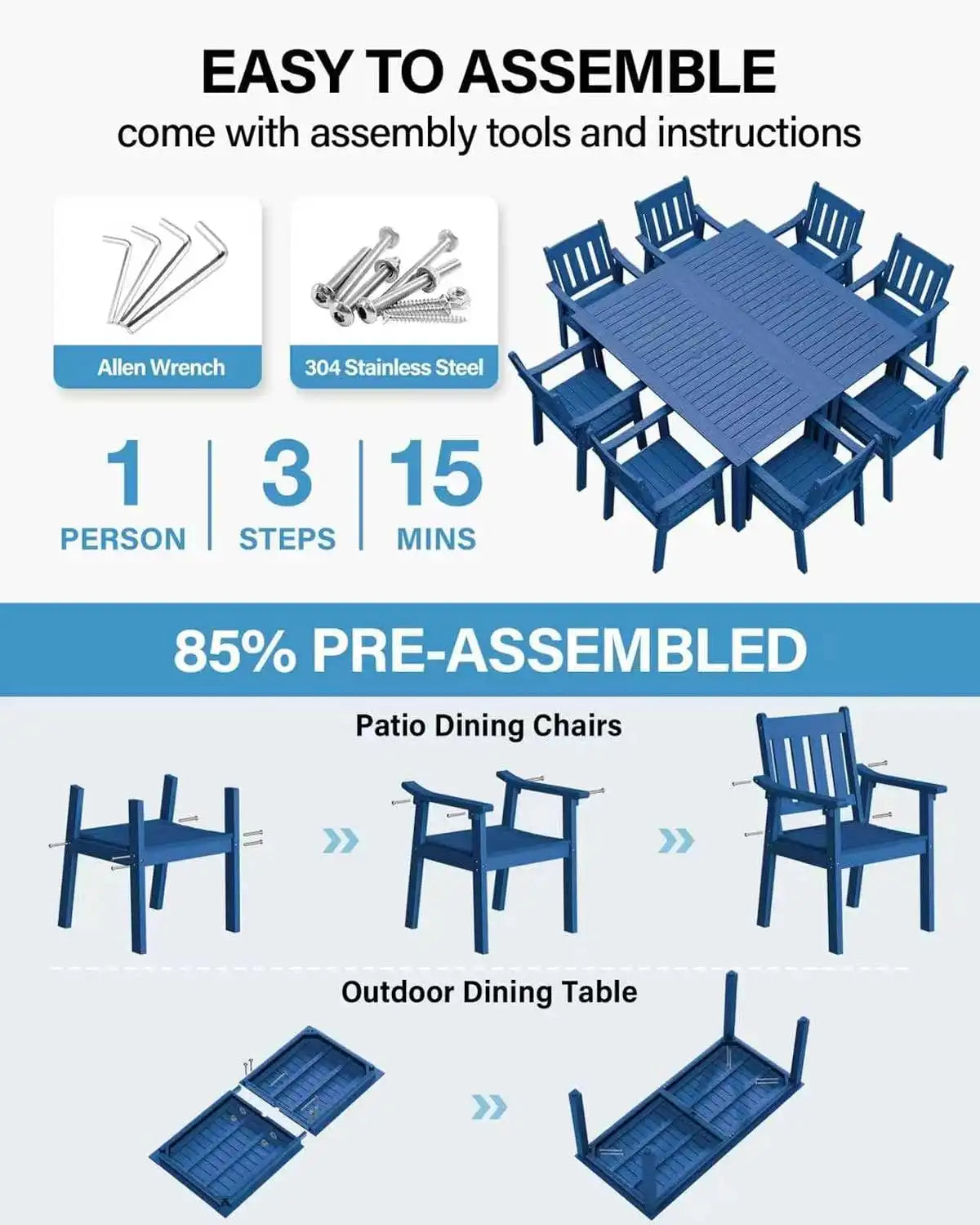 YEFU Outdoor Dining Set for 8, All-Weather HIPS, Metal Aluminum Frame, Blue