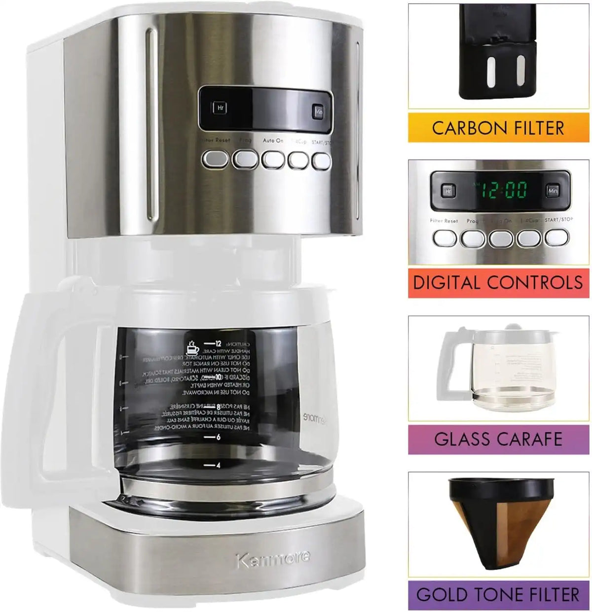 enmore Aroma Control 12-cup Programmable Coffee Maker, White and Stainless Steel Drip Coffee Machine, Glass Carafe, Reusable Filter, Timer, Digital Display, Charcoal Water Filter, Regular or Bold