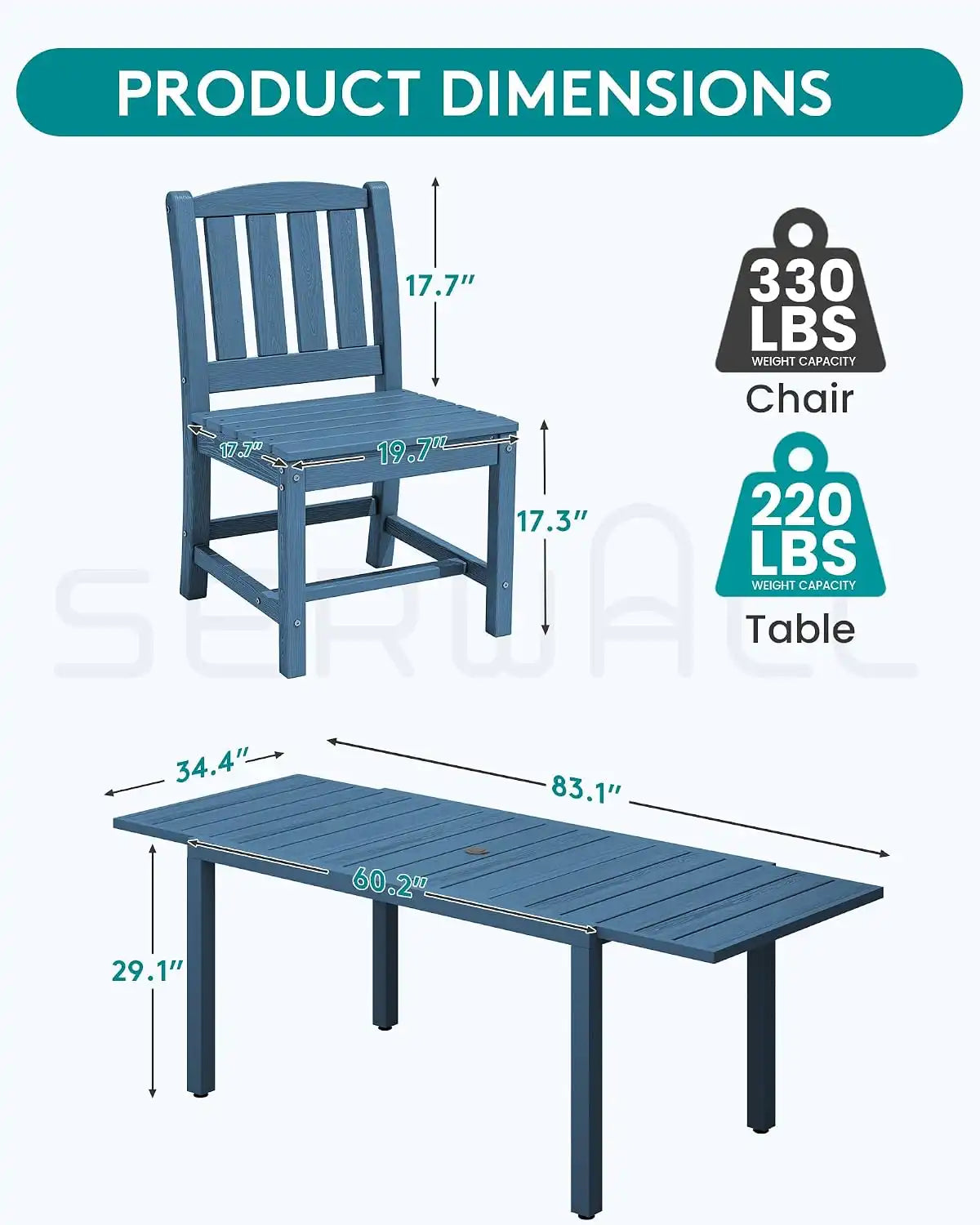 SERWALL Outdoor Patio Dining Set for 6, Blue