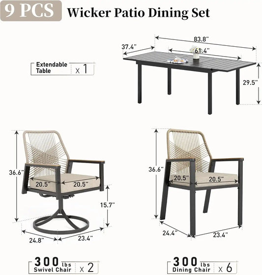 SUNSHINE VALLEY 9pc Patio Dining Set, Extendable Metal Table & 8 Chairs