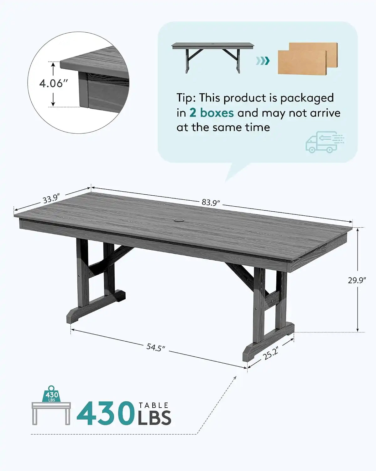 SERWALL Outdoor 84" HDPE Rectangular Dining Table for 6-8,All-Weather,Gray
