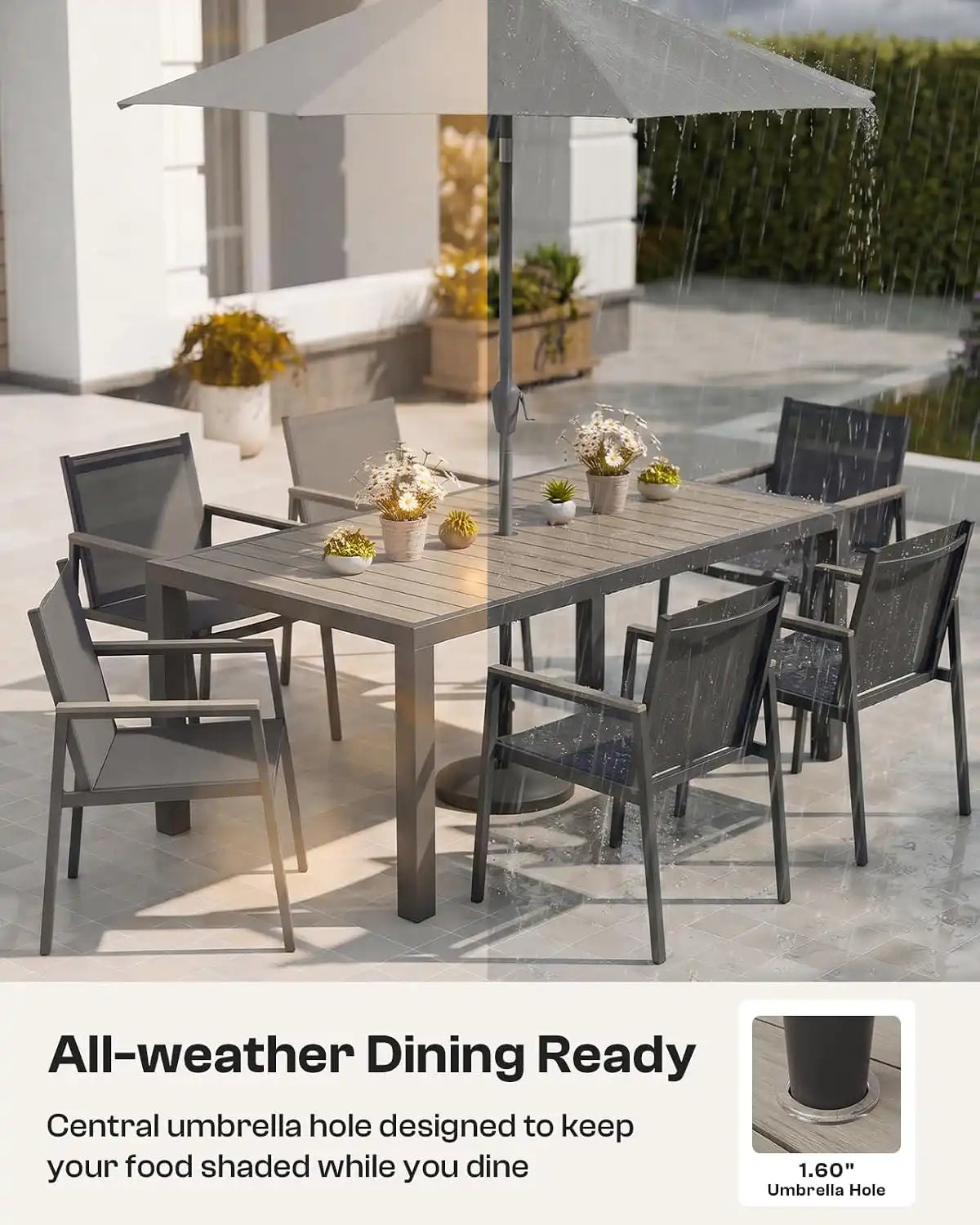 Outdoor Dining Table, Aluminum Patio Table Set, All Weather Patio Dining Furniture Set with Umbrella Hole for Backyard, Deck, Poolside (Gray)