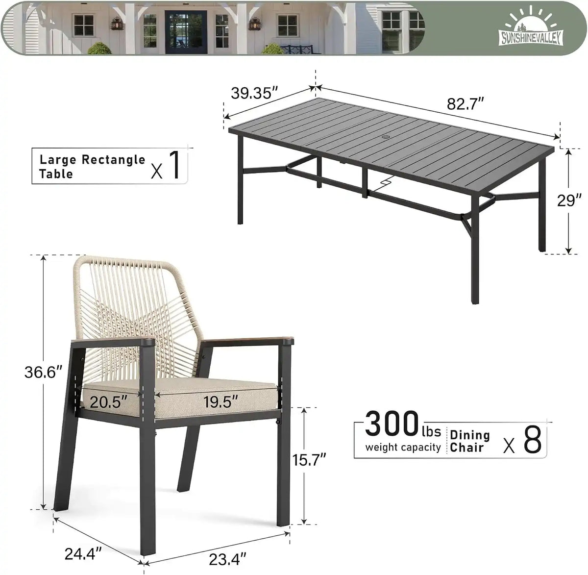 SUNSHINE VALLEY 9pc Patio Dining Set, 83" Metal Table & 8 Rattan Chairs