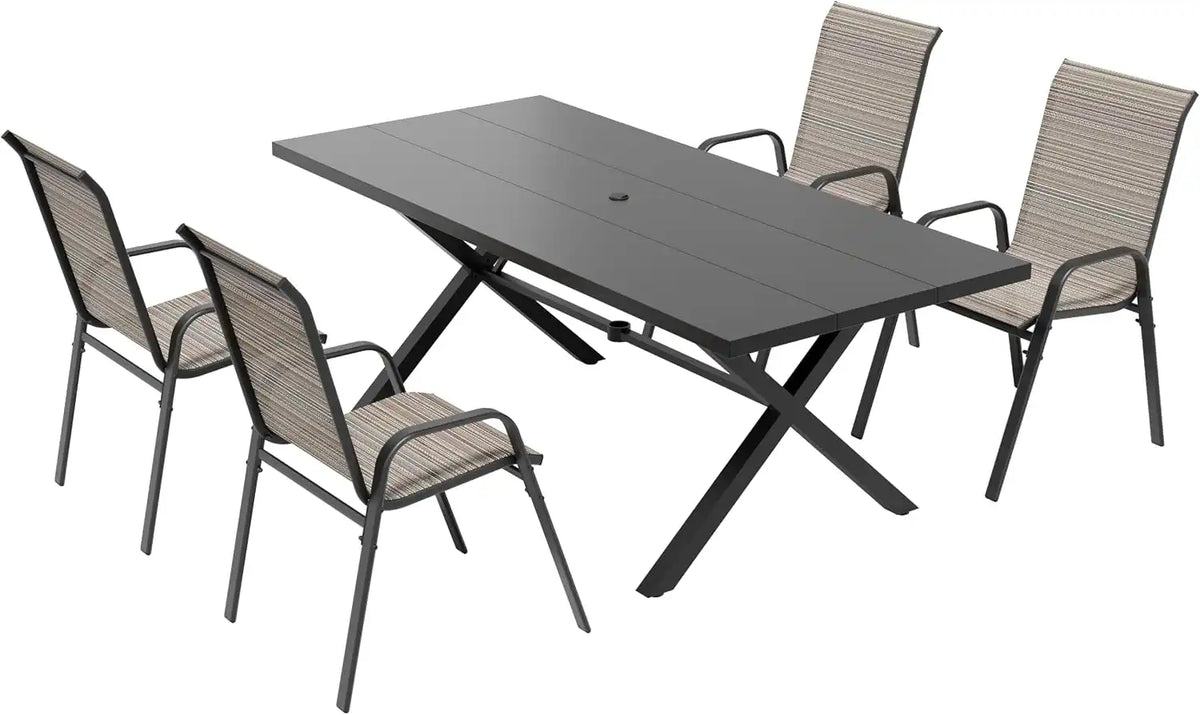 5 PCS Outdoor Patio Dining Set,Patio Table and Chairs Metal Outdoor Patio Furniture Set with Umbrella Hole,Dining Table Set with 4 Teslin Chairs for Deck,Backyard and Garden