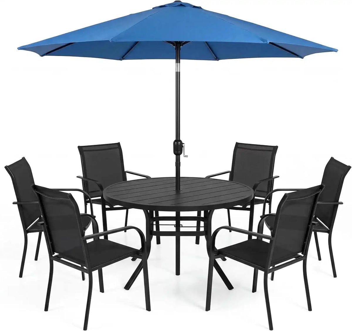 SUNCROWN 8 - Piece Outdoor Dining Set, Patio Furniture Set with 6 Textilene Dinning Chairs, 53" Metal Round Table and 1 Dark Blue 9Ft Patio Umbrella for Lawn Garden Backyard Deck, Black