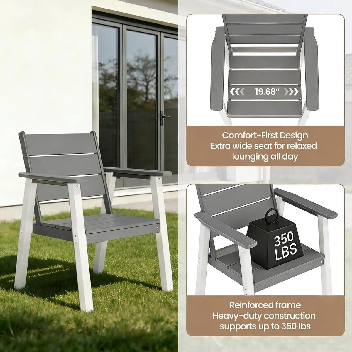 Outdoor Dining Chairs Set of 2,HDPE Patio Chairs with Wide Seat,Ergonomic Design Outdoor Furniture for Porch,Backyard,Deck,White and Grey