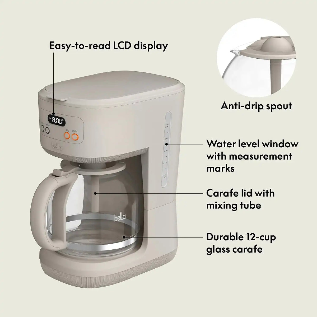 BELLA 12 Cup Programmable Coffee Maker, Reusable Dishwasher Safe Accessories, Easy LCD display, Auto Shutoff, 900 watt, Oatmilk