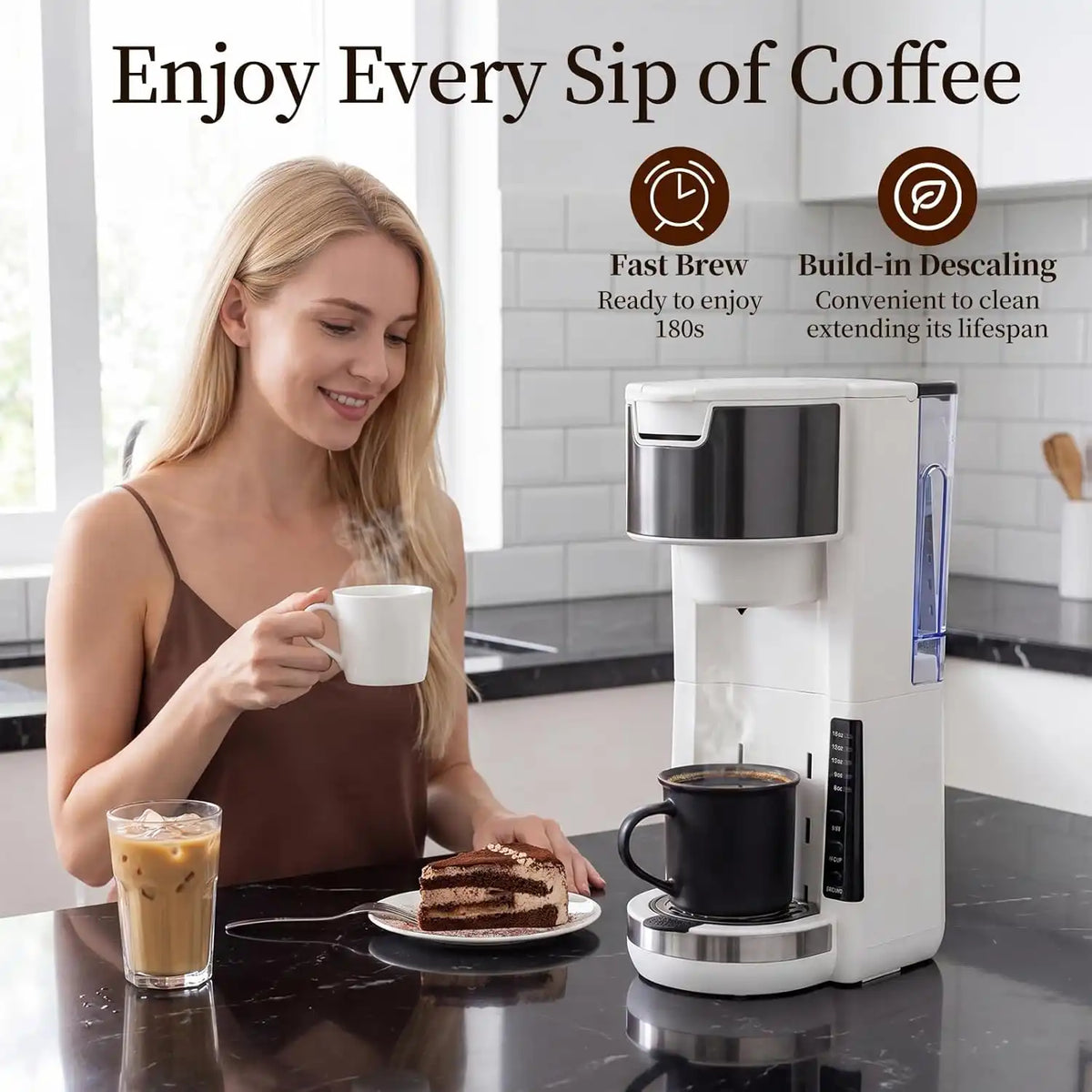 Single Serve Coffee Maker, 2 in 1 for Ground Coffee&Pods, 180s Rapid Brew with 5 Cup Sizes 6-14oz, Auto Shut Off, Small Compact Travel Coffee Machine for Home Office Camping
