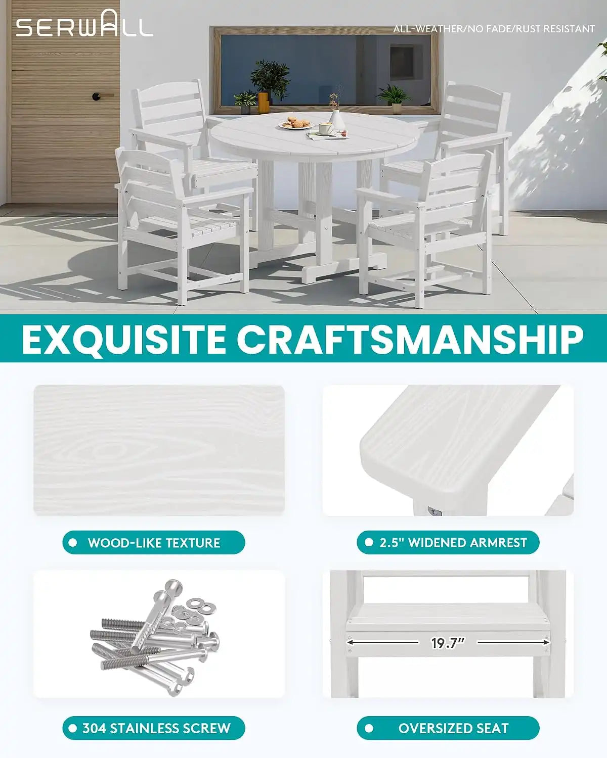 SERWALL 6-Pc Dining Set, 45" Table, 4 Chairs&9FT Umbrella, White (No Base)