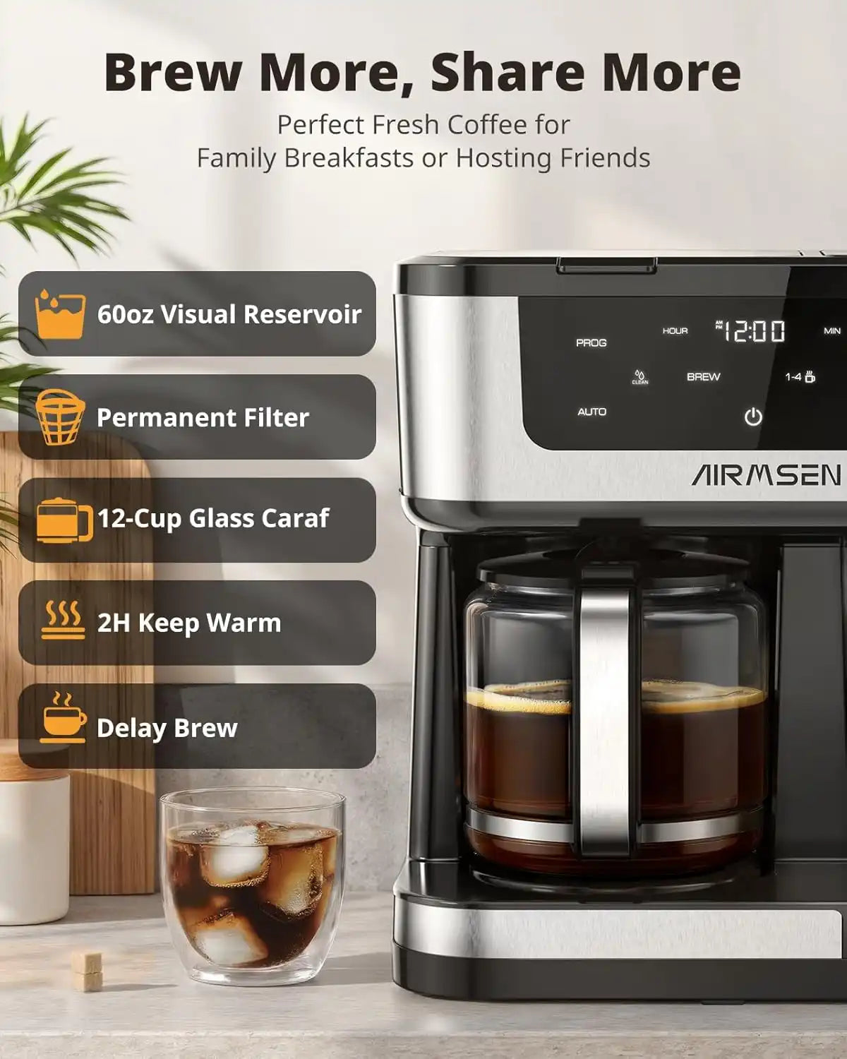 AIRMSEN 12-Cup Programmable Dual Coffee Maker – Single Serve Machine for K-Pods & Ground, 1000W Fast Brew, Delay Start, 2H Keep Warm, Touchscreen, 60oz Tank, Glass Carafe – Home & Office