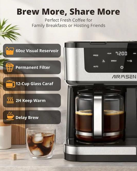 AIRMSEN 12-Cup Programmable Dual Coffee Maker – Single Serve Machine for K-Pods & Ground, 1000W Fast Brew, Delay Start, 2H Keep Warm, Touchscreen, 60oz Tank, Glass Carafe – Home & Office