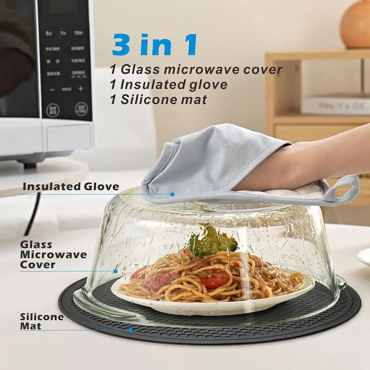 Glass Microwave Splatter Cover with Glove & Mat for Food, 4 Vents Guard Lid