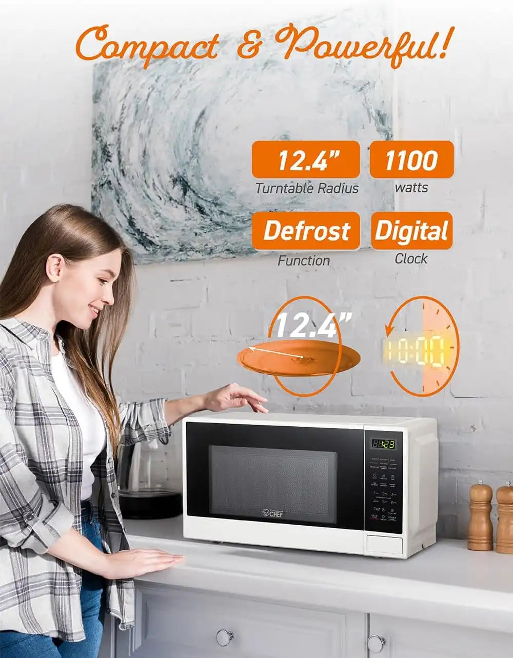 Commercial Chef 1.1 Cu. Ft. Countertop Microwave Oven, CHCM11100W, White