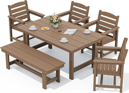 SERWALL Outdoor Dining Set, Patio Dining Set with Bench, Brown