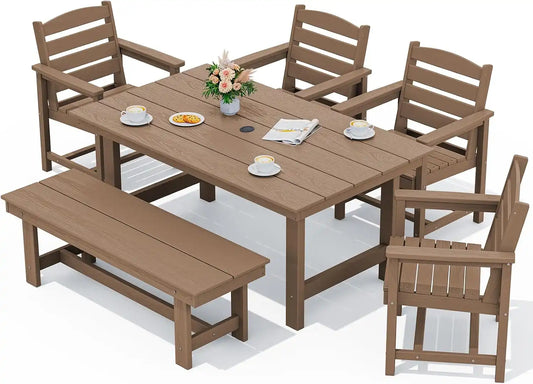 SERWALL Outdoor Dining Set, Patio Dining Set with Bench, Brown