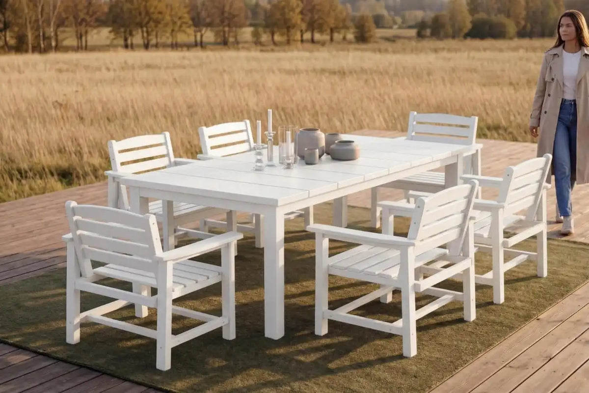 Perli™ 7-Piece Outdoor Dining Set, All-Weather HDPE Patio Furniture with 6 Ergonomic Chairs & Large Table, Built-in Umbrella Hole, UV-Resistant Set for Backyard, Deck, Poolside, White