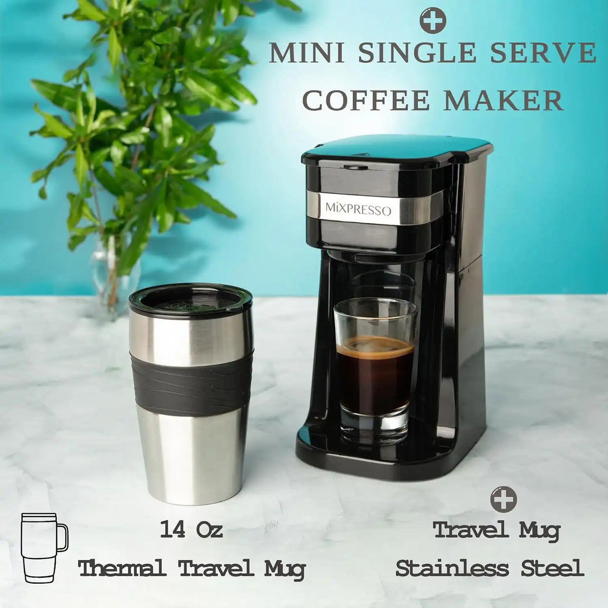 Mixpresso Single Serve & Single Cup Coffee Maker with 14oz Travel Mug Black