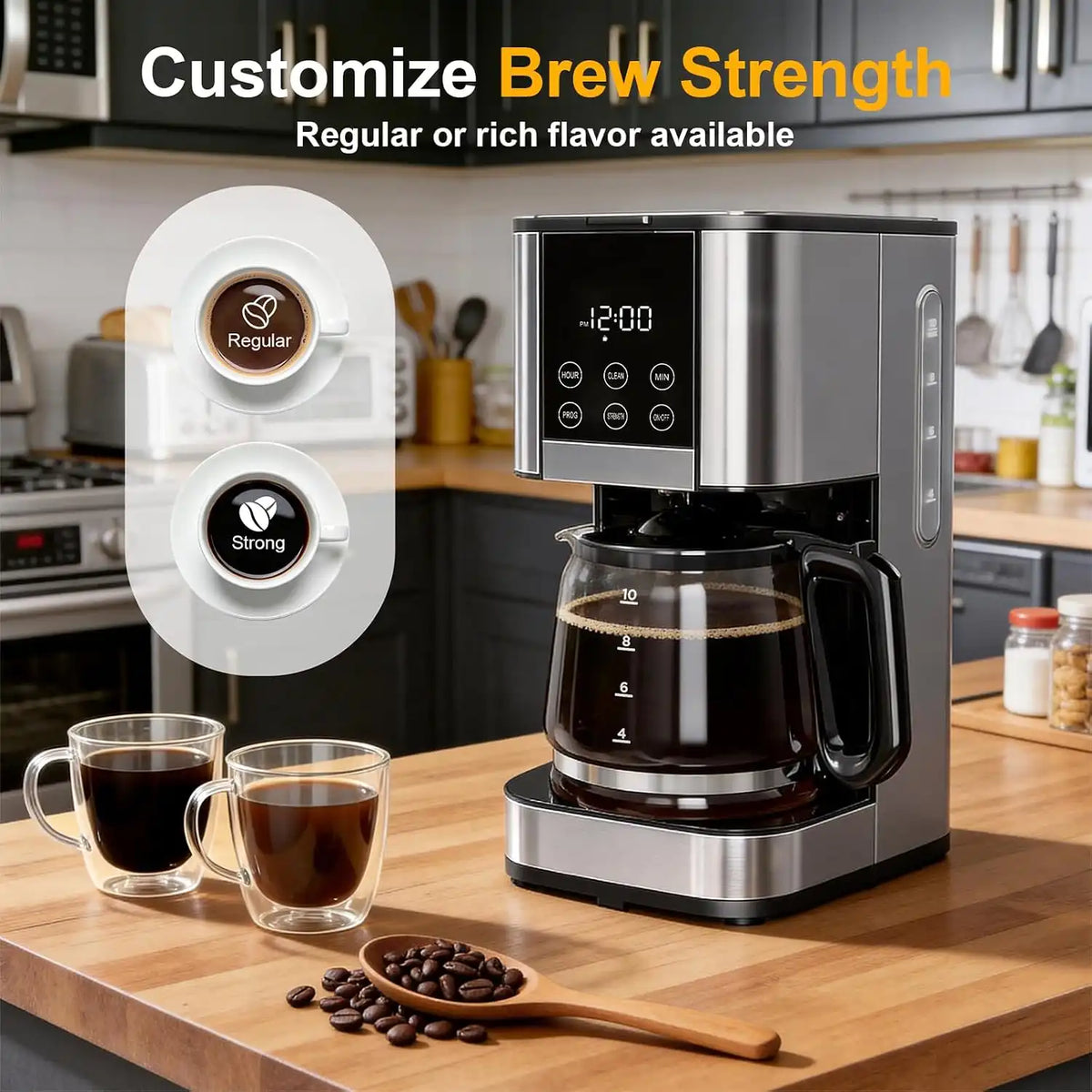 10 Cup Programmable Coffee Maker, Regular & Strong Brew Drip Coffee Machine