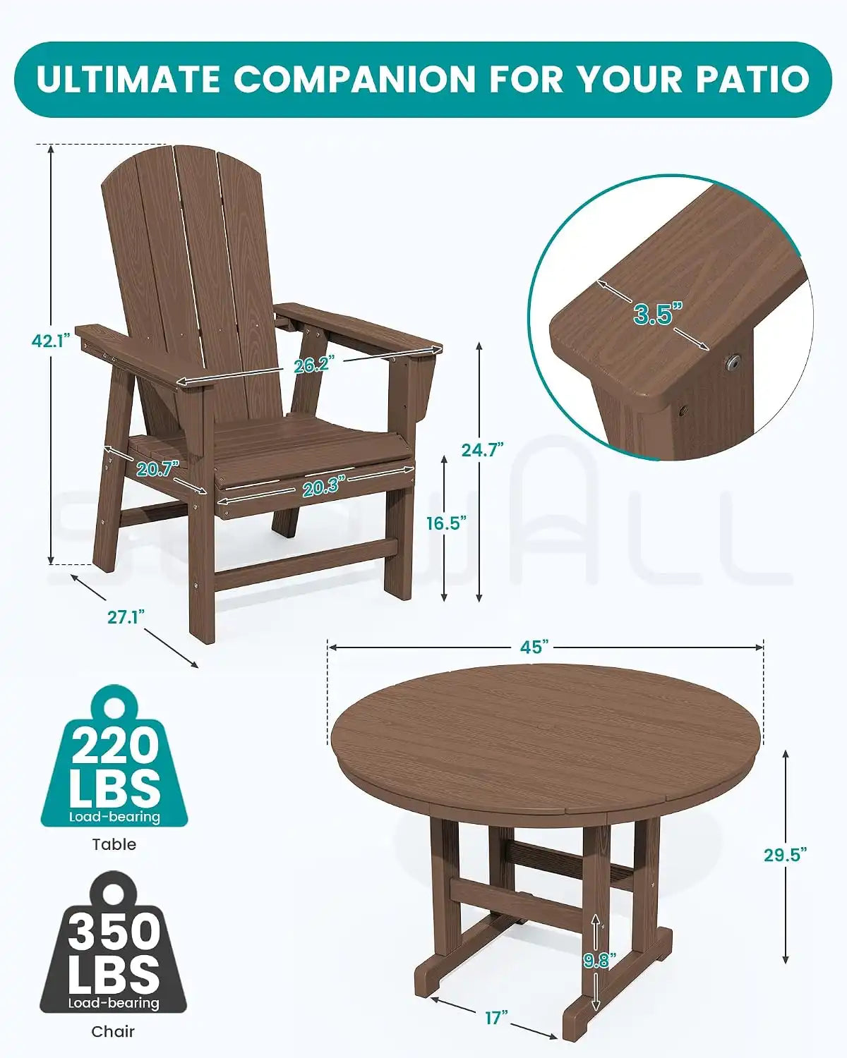 SERWALL Outdoor Adirondack Dining Chair Set of 2, All Weather HDPE, Brown
