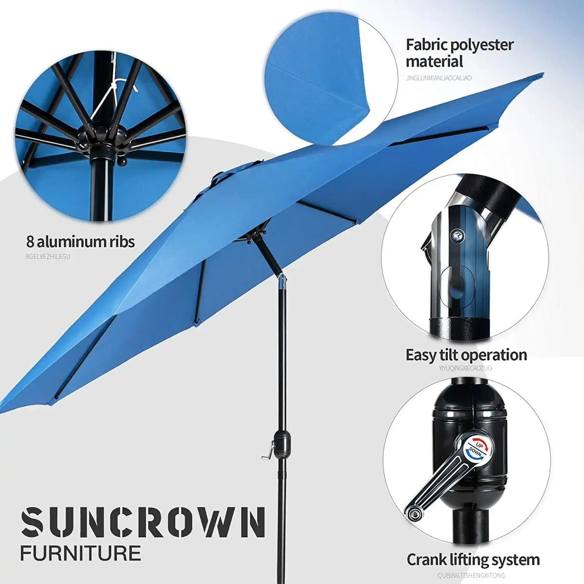SUNCROWN 6-Piece Outdoor Dining Set, All Weather Patio Furniture Sets with 4 Black Swivel Textilene Mesh Chairs & Square Metal Table & 1 Light Blue 9Ft Umbrella for Deck Garden Backyard Poolside