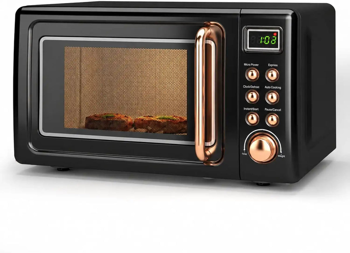 LDAILY 0.7Cu.ft Retro Small Microwave Oven, 700W Compact Countertop Microwave with 5 Power Levels, Auto Cooking Menus, Glass Turntable, Child Lock & Glass Turntable for Apartment, Dorm (Golden)