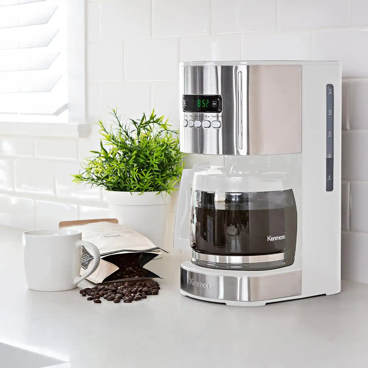 enmore Aroma Control 12-cup Programmable Coffee Maker, White and Stainless Steel Drip Coffee Machine, Glass Carafe, Reusable Filter, Timer, Digital Display, Charcoal Water Filter, Regular or Bold