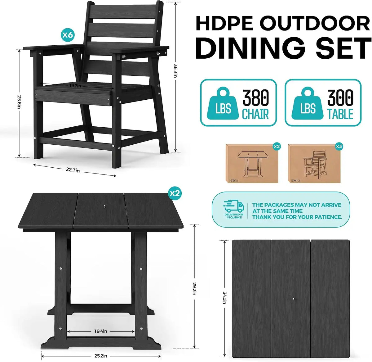 HDPE Outdoor Dining Set, Patio Dining Set of 8, Black