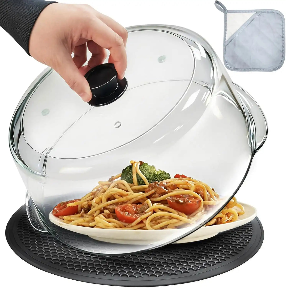 Glass Microwave Splatter Cover with Glove & Mat for Food, 4 Vents Guard Lid