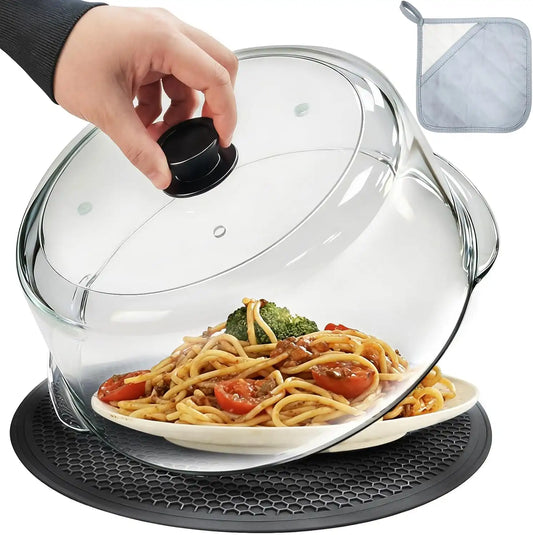 Glass Microwave Splatter Cover with Glove & Mat for Food, 4 Vents Guard Lid
