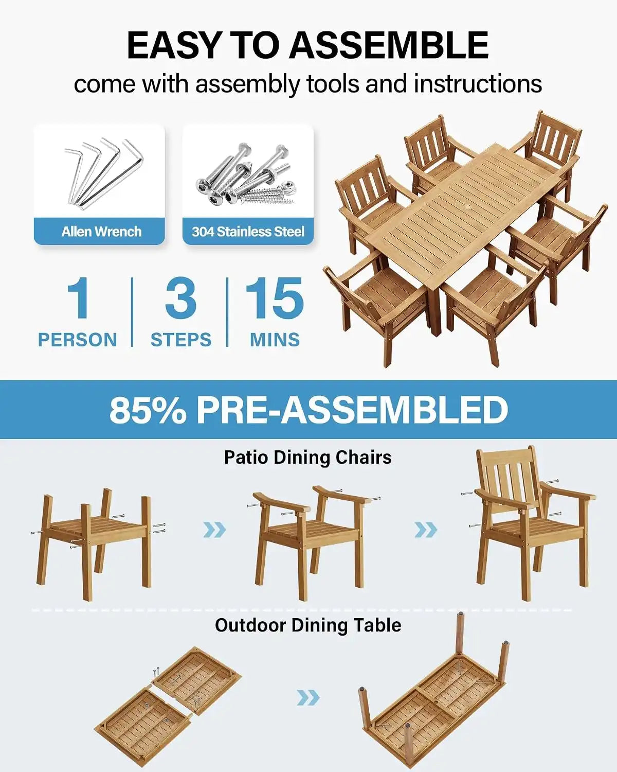 YEFU Patio Dining Chairs Set of 6, Weather Resistant HIPS, Teak