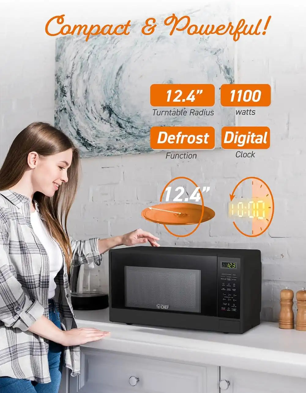 Commercial Chef 1.1 Cu. Ft. Countertop Microwave Oven, CHCM11100B, Black