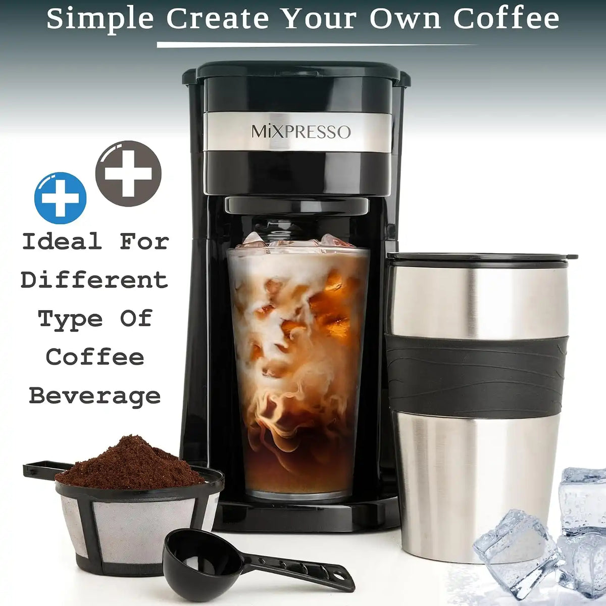 Mixpresso Single Serve & Single Cup Coffee Maker with 14oz Travel Mug Black