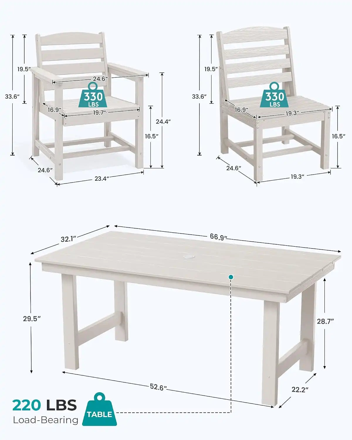 SERWALL Armless Outdoor Dining Set, Patio Dining Set for 6, White