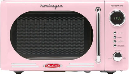 Nostalgia Countertop Microwave Oven with Easy Clean Interior - Retro Microwave with LED Display & Child Lock- Compact 0.7 Cu. Ft. Oven With 12 Pre-Programmed Settings for Quick Cooking- 700-Watts-Pink