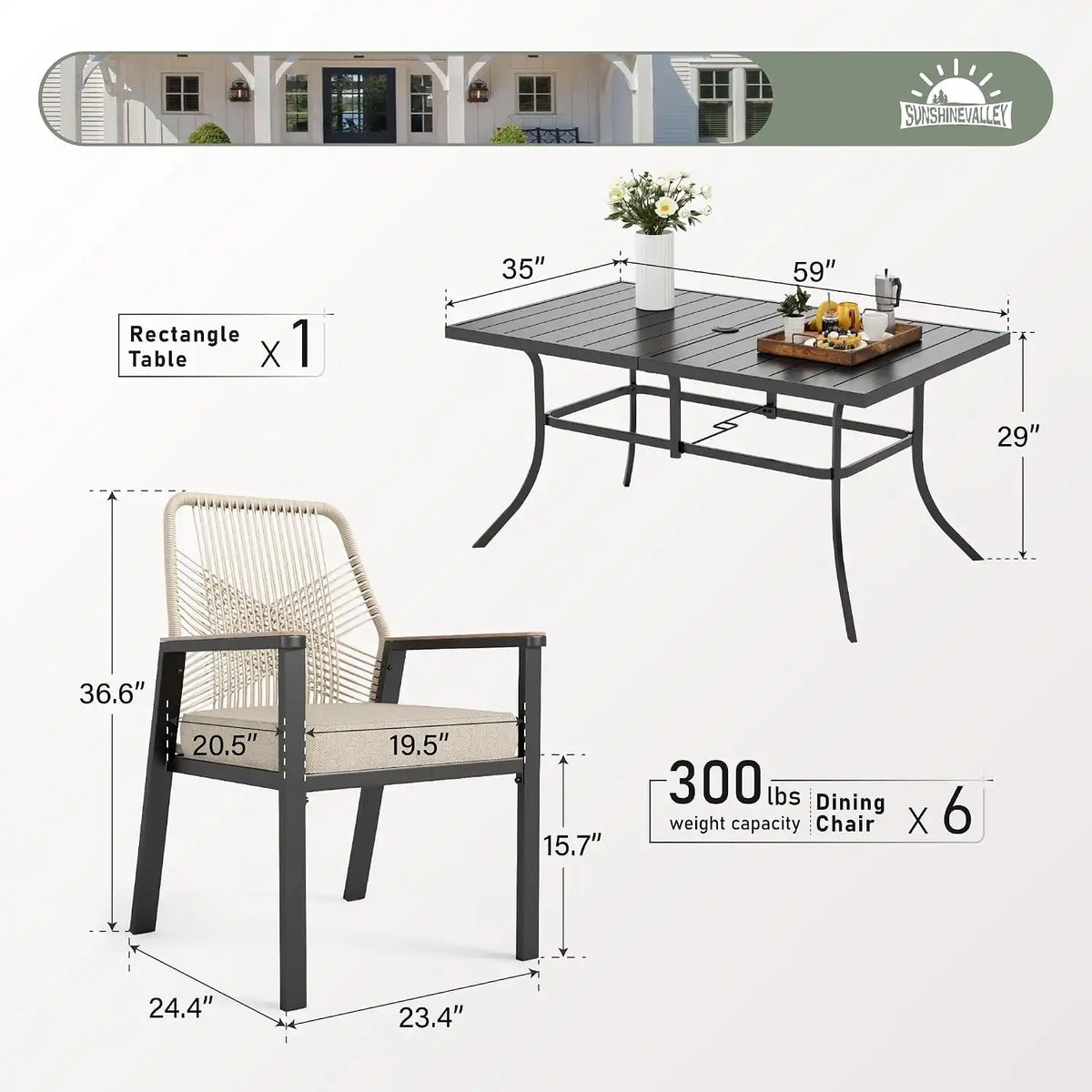 SUNSHINE VALLEY 7pc Patio Dining Set, 59" Metal Table & 6 Rattan Chairs