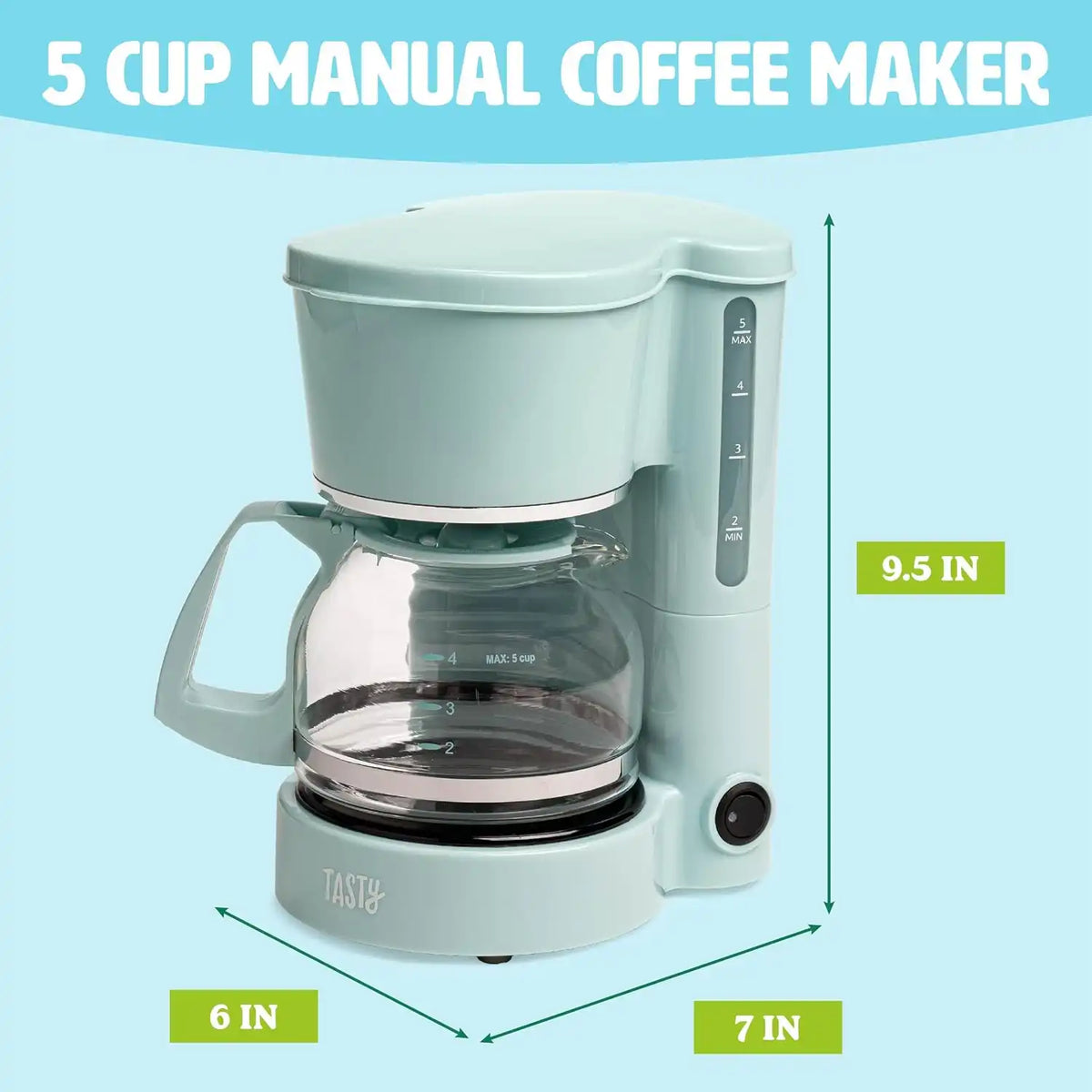 Tasty 5-Cup Coffee Maker with Auto Pause & Pour, Reusable Filter, Easy View Water Reservoir and Warming Plate, Glass Carafe, Compact Brew & Drip Coffee Maker, 5-Cup, Aqua