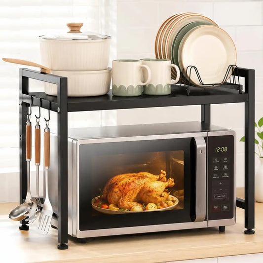 Microwave Rack, Adjustable Carbon Steel Stand with 3 Hooks