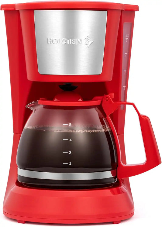 Holstein Housewares - 5 Cup Drip Coffee Maker - Convenient and User Friendly with Permanent Filter, Borosilicate Glass Carafe, Water Level Indicator, Auto Pause/Serve and Keep Warm Functions, Red
