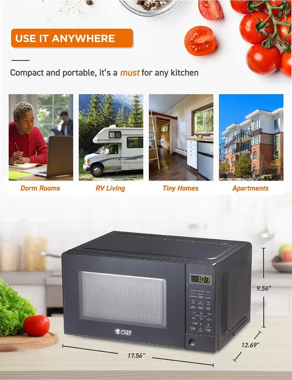 Commercial Chef 0.7 Cu. Ft. Countertop Microwave Oven, CHM770B, Black