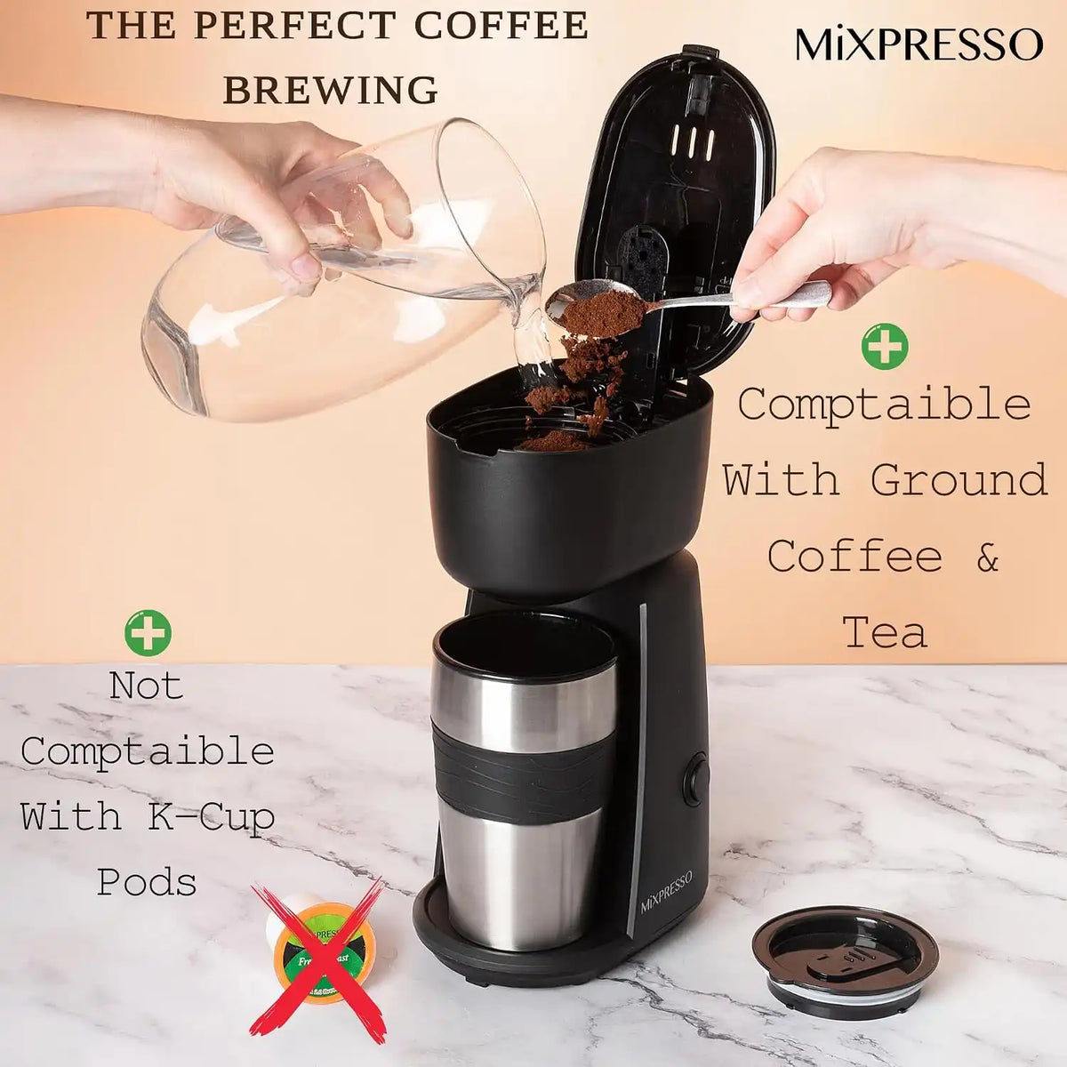 Mixpresso Single Serve & Single Cup Coffee Maker with 14oz Travel Mug Black