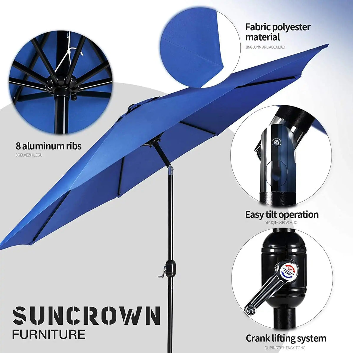 SUNCROWN 8-Piece Outdoor Dining Set, All Weather Patio Furniture Sets with 6 Black Swivel Textilene Mesh Chairs & Rectangular Metal Table & 1 Dark Blue 9Ft Umbrella for Garden Backyard Poolside
