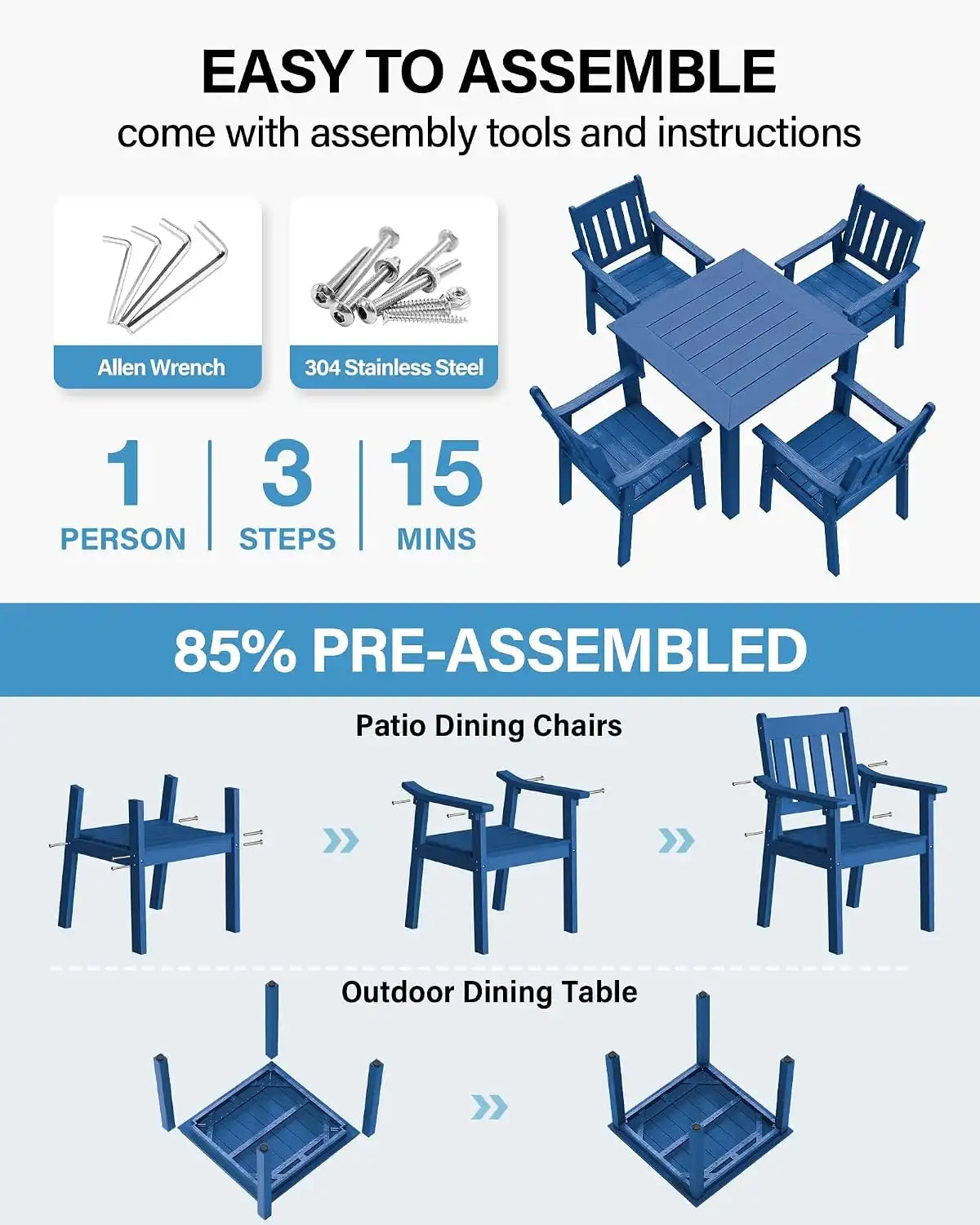 YEFU Patio Table Set for 4, All-Weather HIPS, Metal Aluminum Frame, Blue