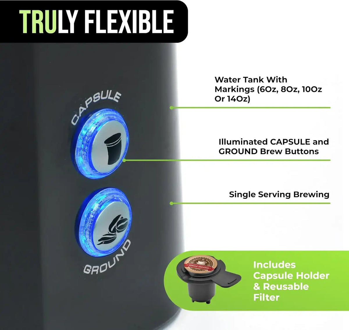 Tru Single Serve Dual Brew Coffee Maker for Capsules or Grounds