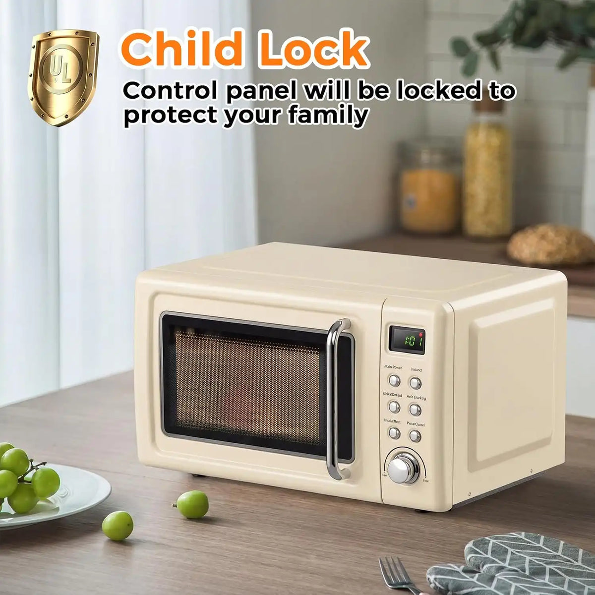 LDAILY 0.7Cu.ft Retro Small Microwave Oven, 700W Compact Countertop Microwave with 5 Power Levels, Auto Cooking Menus, Glass Turntable, Child Lock & Glass Turntable for Apartment, Dorm (Cream White)
