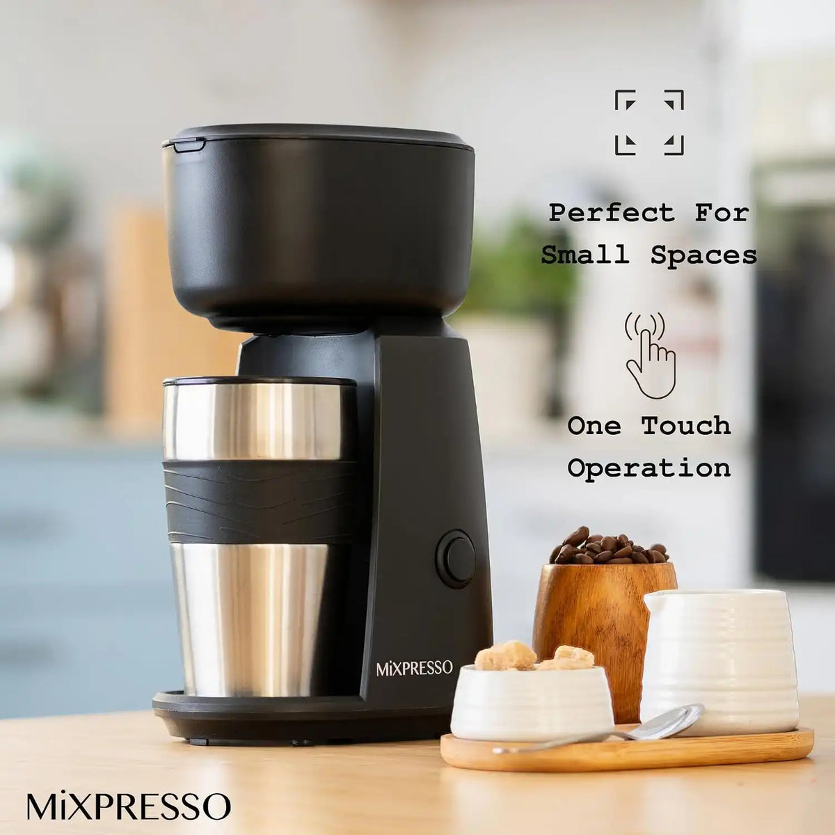 Mixpresso Single Serve & Single Cup Coffee Maker with 14oz Travel Mug Black